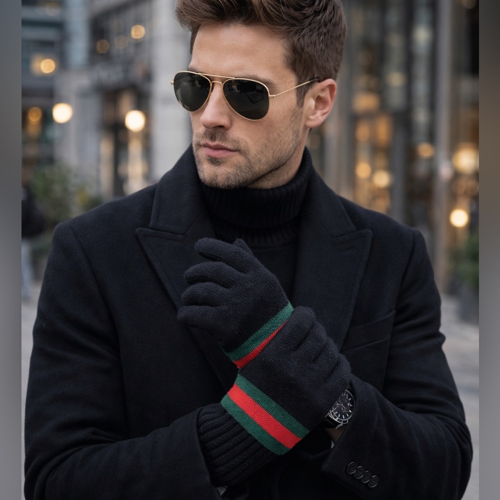 Gucci Black Woolen Gloves (One Size) with Red and Green Accents + Leather trim!